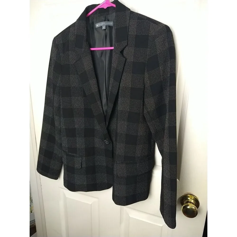 Elliott Lauren Woman 6 Blazer Black Plaid One Button Formal Professional Core